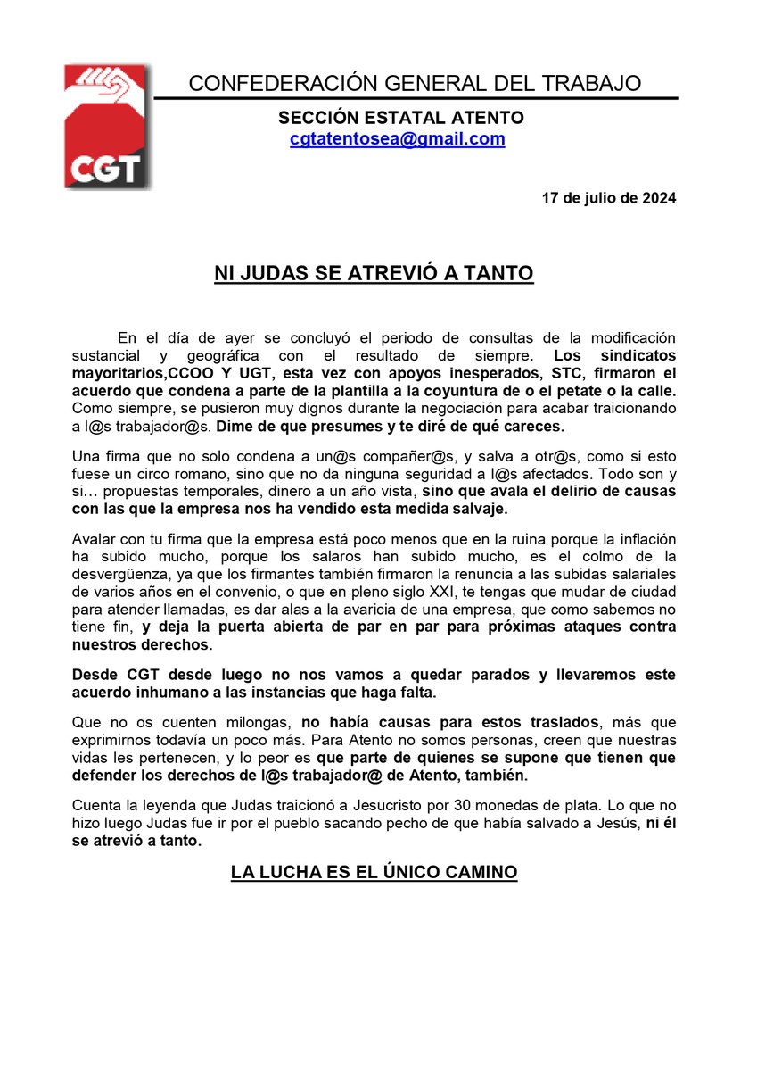 cgt_atento's tweet photo. 🔴⚫Llevaremos este acuerdo infame a las instancias que hagan falta... 💪🏻 https://t.co/TCex5qMuKS