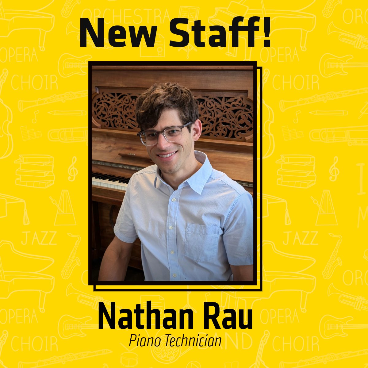 📰 Exciting News!🚨

Join us in welcoming Nathan Rau, a WSU grad, as our new Piano Technician in the School of Music. 🎹

Welcome back to the Shocker family, Nathan. 🌾🖤💛🎓

Read more about Nathan via the 🔗  ow.ly/cuI650SCrTR