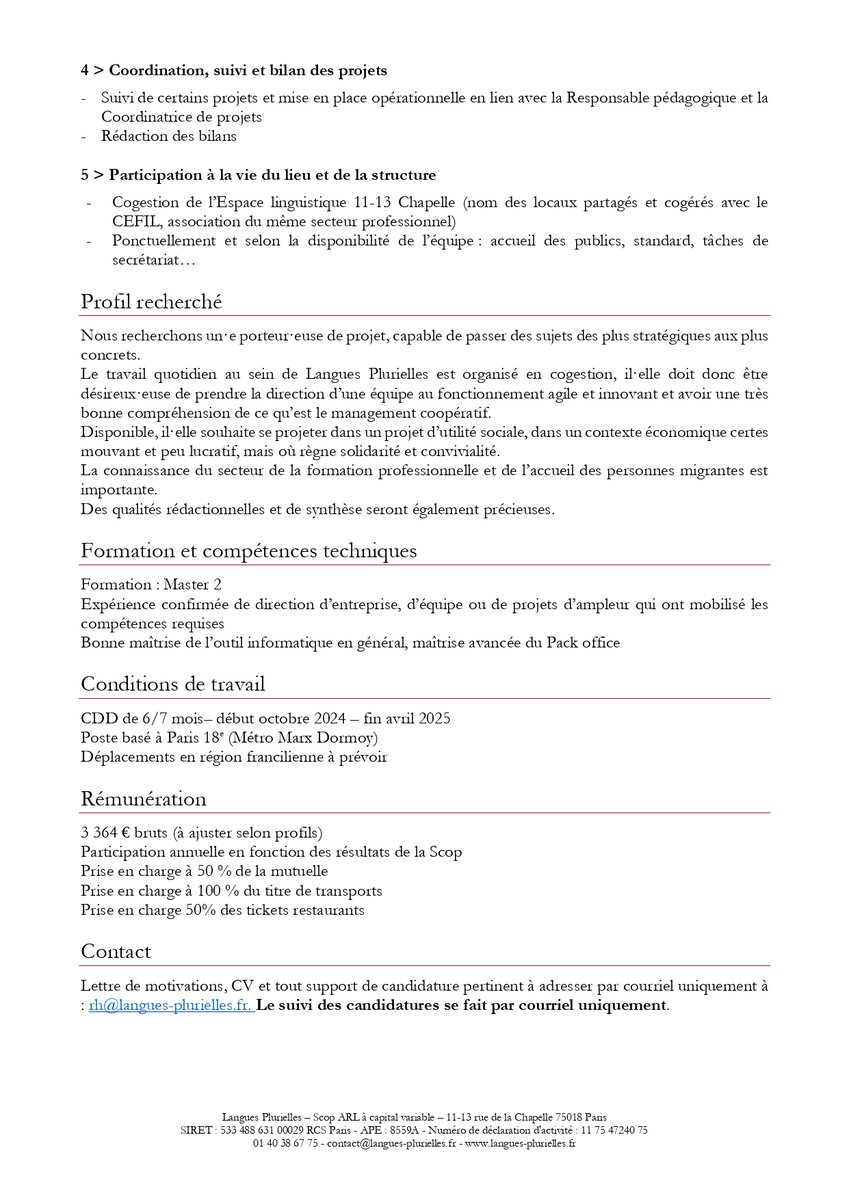 [Offre d'emploi]

Nous recrutons un·e responsable/directeur·rice pour une durée de 6 à 7 mois à partir de début octobre 2024.
N'hésitez pas à diffuser notre offre.