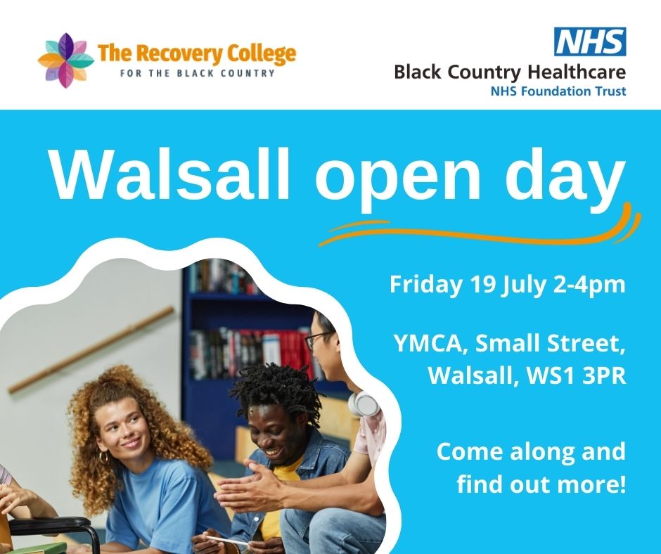 BCHFT - Black Country Healthcare Foundation Trust (@blackcountrynhs) on Twitter photo Find out more about the <a href="/RecoveryColleg3/">The Recovery College</a> at their Walsall open day this Friday!
Take part in taster sessions, meet the team and learn how the college can support you.
All are welcome to the event which takes place 2-4pm. Find out more about the <a href="/RecoveryColleg3/">The Recovery College</a> at their Walsall open day this Friday!
Take part in taster sessions, meet the team and learn how the college can support you.
All are welcome to the event which takes place 2-4pm.