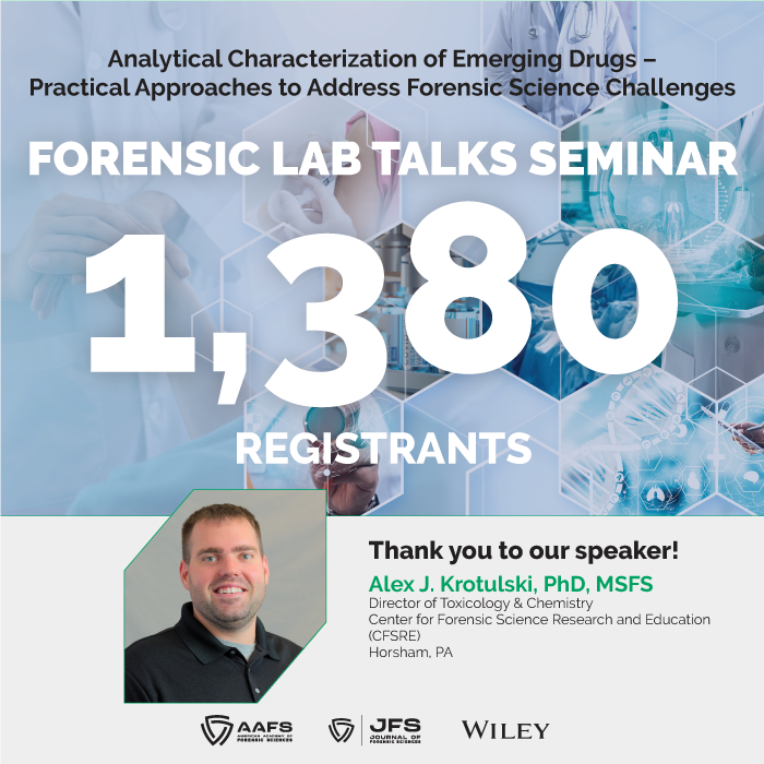 The_AAFS's tweet photo. Thank you to everyone who joined our 7th #ForensicLabTalks seminar, and a big thank you to our incredible speaker, Alex Krotulski!

We’re thrilled to see the positive response this #JFS series continues to receive, and we look forward to hosting additional FLT seminars. https://t.co/w9UFYuxrTf