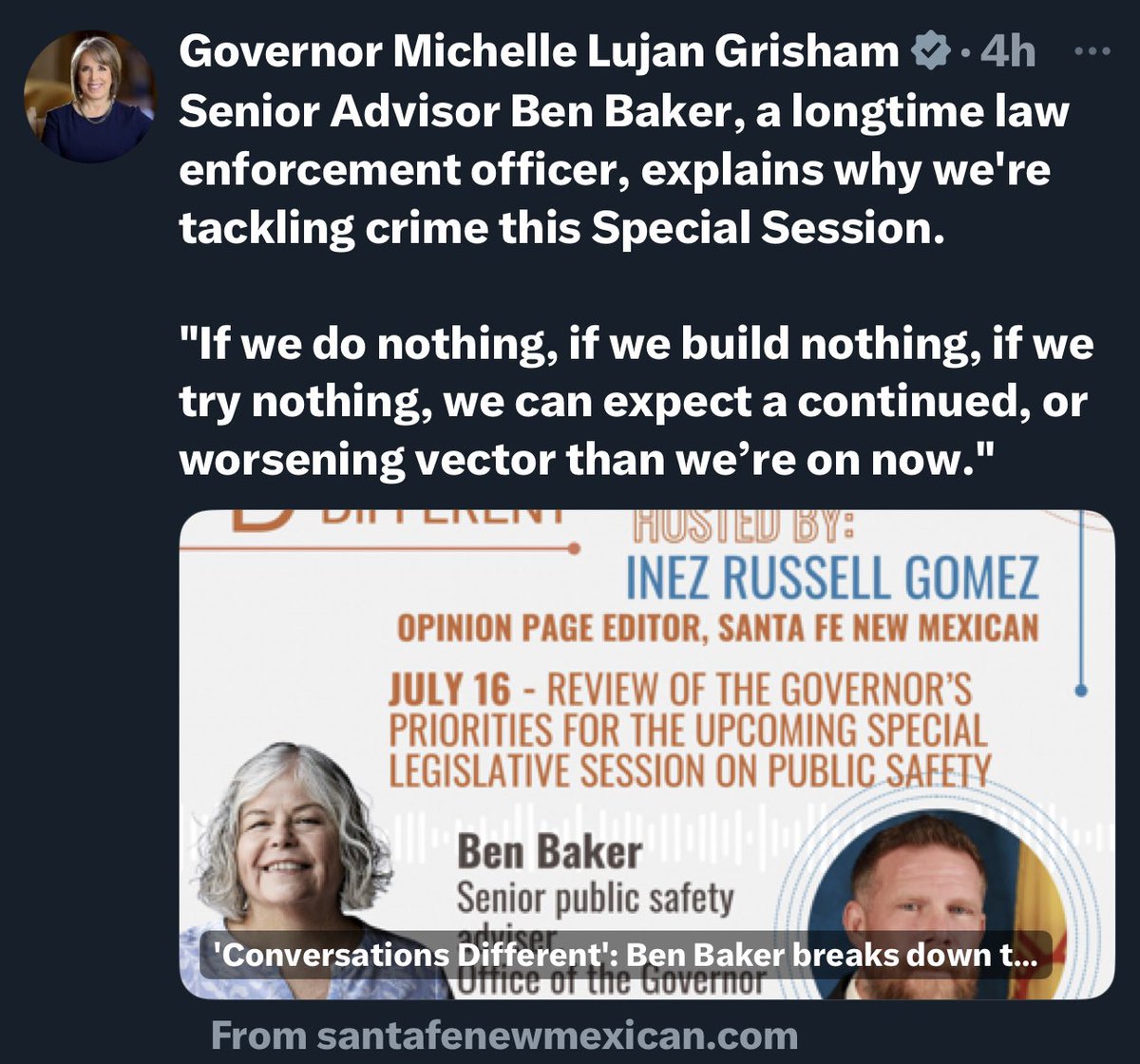 ProgressNowNM's tweet photo. It’s concerning that @GovMLG only has verifiable right-of-center sources backing her play for tomorrow’s #nmleg #SpecialSession. Community advocates have been more than clear that the proposed policies are at best not fully formed, at worst more harmful for NM. #NMPol https://t.co/nHlexJwZs3