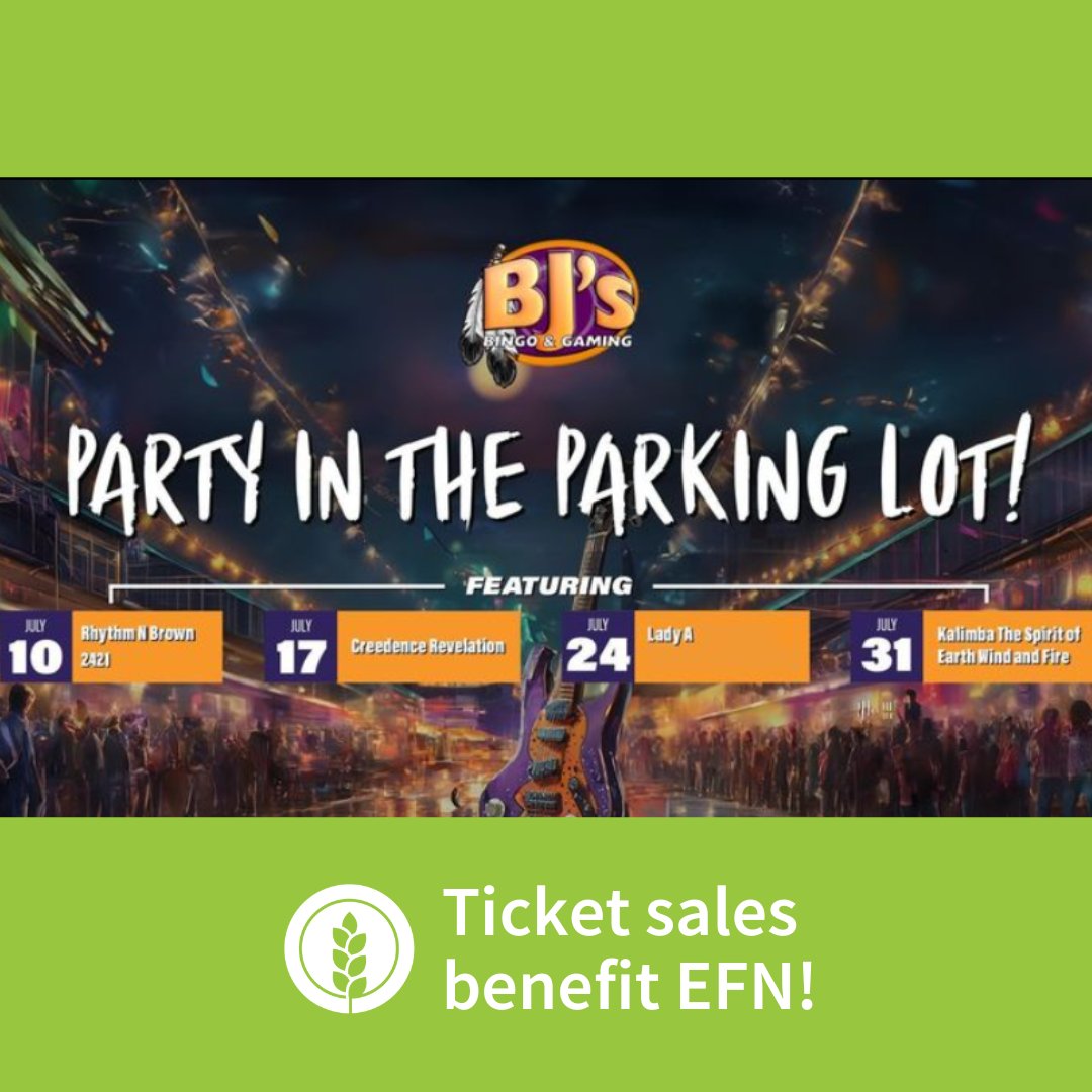 @bjsbingowa's Party in the Parking Lot is back for its second week! Every Wednesday in July, stop by to enjoy live music, local food trucks, and drinks. 🌞🎵 A $10 ticket gets you in and directly supports EFN's mission. Get details &amp; grab your tickets at bjs-bingo.com/promotions.