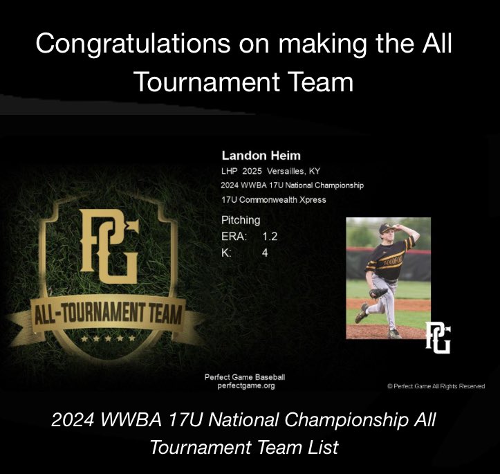 Landon Heim (@landon_heim21) on Twitter photo I am blessed to be acknowledged by Perfect Game by making All Tournament team at WWBA.
<a href="/CBCXpress2025/">Commonwealth Xpress 2025</a> <a href="/CBC_KY/">Commonwealth Baseball Club</a> <a href="/PG_Scouting/">Perfect Game Scout</a> <a href="/PG_Uncommited/">John Smith</a> @PPL_Lex I am blessed to be acknowledged by Perfect Game by making All Tournament team at WWBA.
<a href="/CBCXpress2025/">Commonwealth Xpress 2025</a> <a href="/CBC_KY/">Commonwealth Baseball Club</a> <a href="/PG_Scouting/">Perfect Game Scout</a> <a href="/PG_Uncommited/">John Smith</a> @PPL_Lex