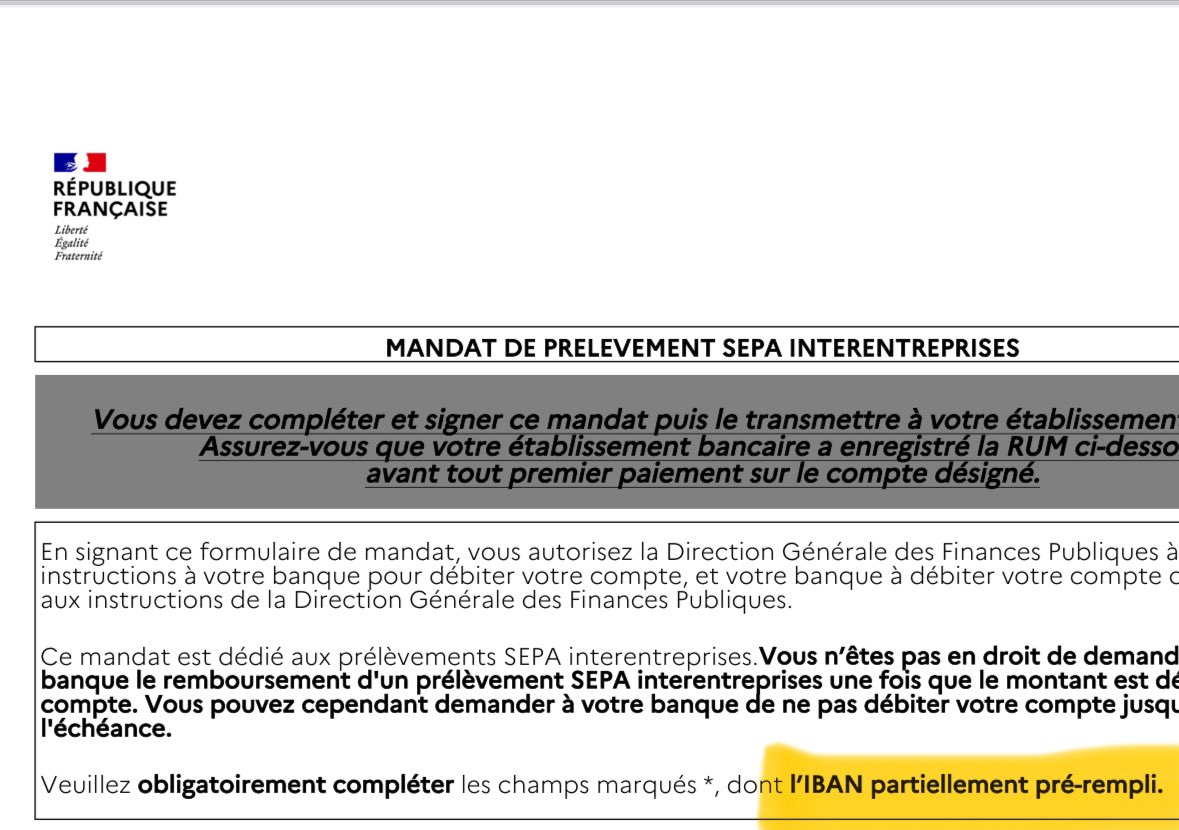 FaressBoucherit's tweet image. Petite nouveauté des impôts @dgfip_officiel pour la team #Compta, le pdf du mandat SEPA des impôts ne contient plus l’IBAN du client en entier, il faut le compléter !