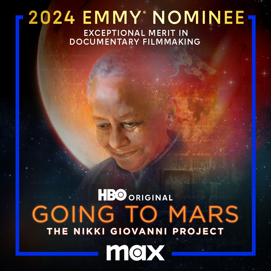 HBO's tweet image. Congratulations to the team behind the HBO Original Documentary #GoingToMars: The Nikki Giovanni Project on their #Emmys2024 nomination for Exceptional Merit in Documentary Filmmaking.