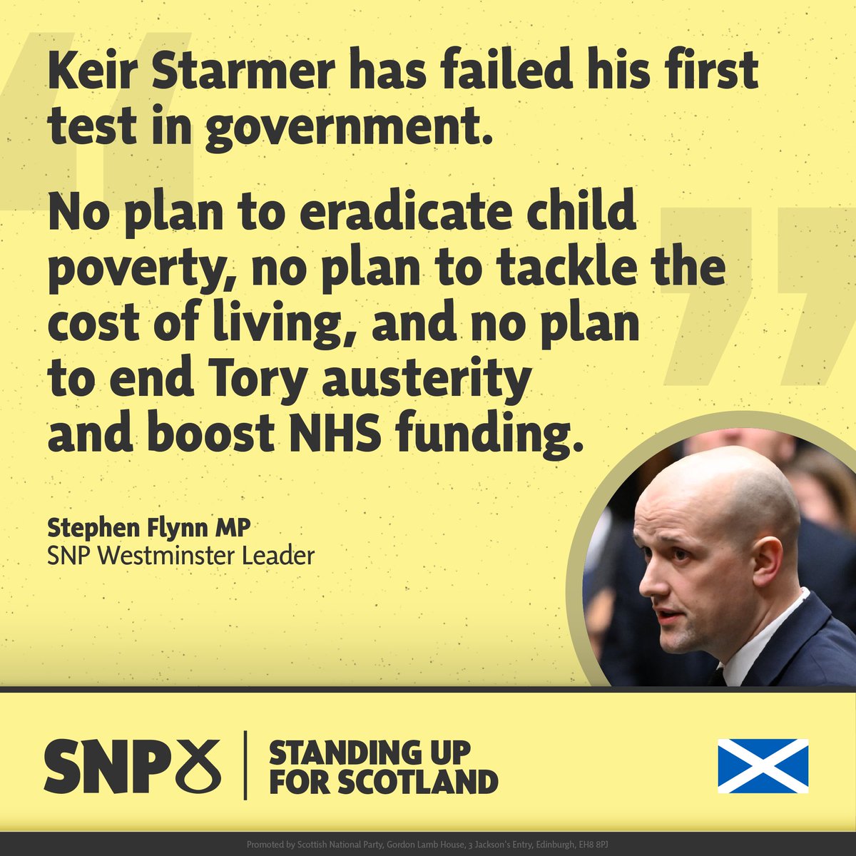 theSNP's tweet photo. 🔥 @StephenFlynnSNP reacts to today’s King’s Speech: “With no plan to reverse the damage of Brexit or properly invest in green energy, Starmer is restricting the potential for strong growth in the economy, wages, and living standards.” https://t.co/GKRx6TMAqb