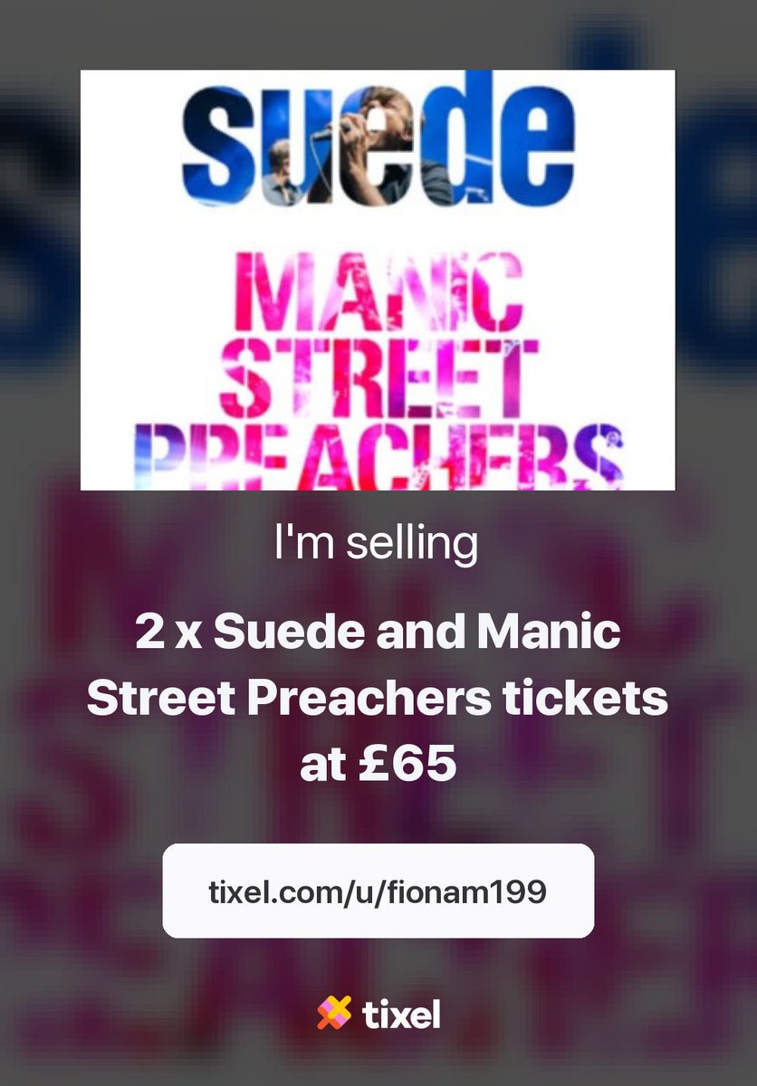 Looking for a @suedehq and @manics tickets (x2)  for 18th July <a href="/Yourallypally/">Alexandra Palace</a> ?look no further! Absolutely gutted we can’t make it  tixel.com/u/fionam199