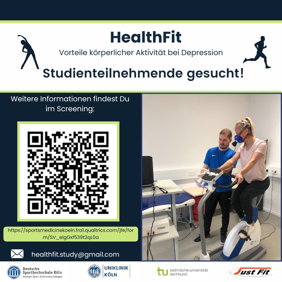 npi_dshs's tweet photo. Sporthochschule Köln &amp; Uniklinik suchen Studienteilnehmende (18-50 J) mit diagnostizierter Depression!
Bei Interesse füllen Sie das Screening (https://t.co/TPBluUFcWa) aus oder schreiben Sie an healthfit.study@gmail.com https://t.co/kBzKurCwaZ