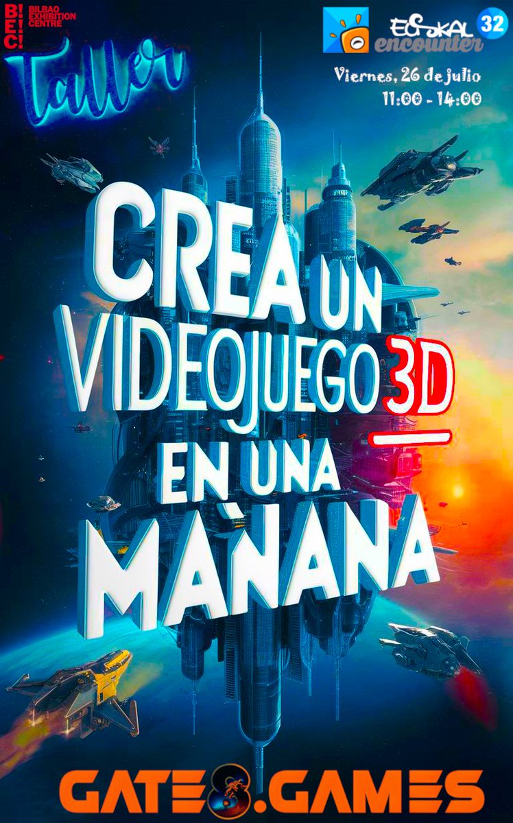 👾 Vente  y aprende en el #TALLER "CREA UN #VIDEOJUEGO 3D EN UNA MAÑANA" 🕹️ que <a href="/gate8games/">gate8.games</a> impartimos #GRATIS en la #opengune de <a href="/euskalencounter/">Euskal Encounter</a> | #Profesora 🧑🏻‍💻 @enaraartetxe 🎮 El VIERNES 26 de Julio 🕚 11:00/14:00 🚀¡Apúntate ya y reserva tu plaza! 👉🏼 acortar.link/ns0vJf