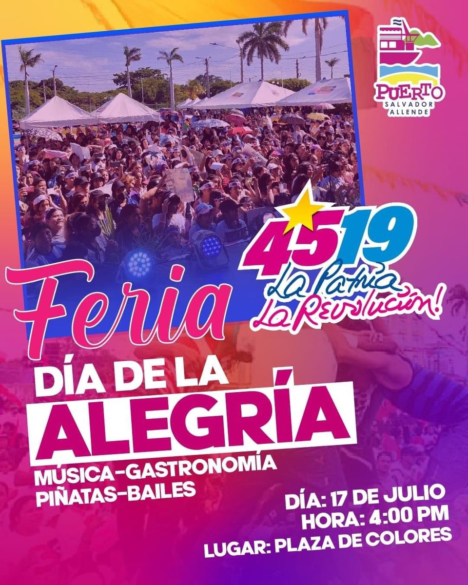 Ven a celebrar El Día de la Alegría en saludos 45/19 de la Revolución Popular #Sandinista 🇳🇮❤️🖤
Plaza de Colores ❤️🖤🇳🇮

#Nicaragua Libre Bendita Y Soberana!!!

#4519LaPatriaLaRevolución #4519SiempreMásÁlla #ManaguaSandinista #PLOMO19
