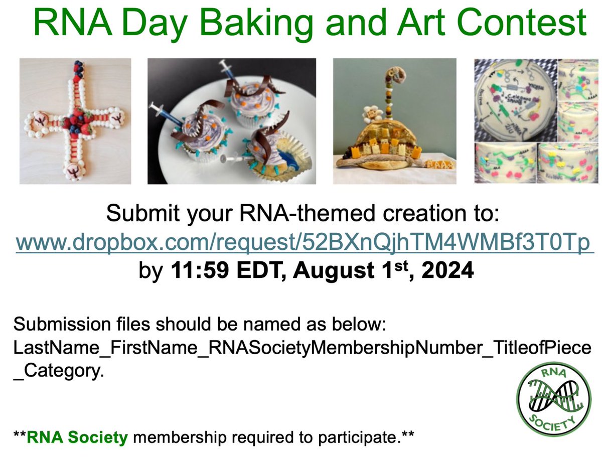 Calling all RNA loving bakers and artists! The 2024 RNA-themed Baking and Art Competition for RNA Day (Aug 1) is underway. Original RNA-themed confections and visual art celebrating all aspects of RNA or the RNA Society are welcome. Winning submissions will receive $100 and be