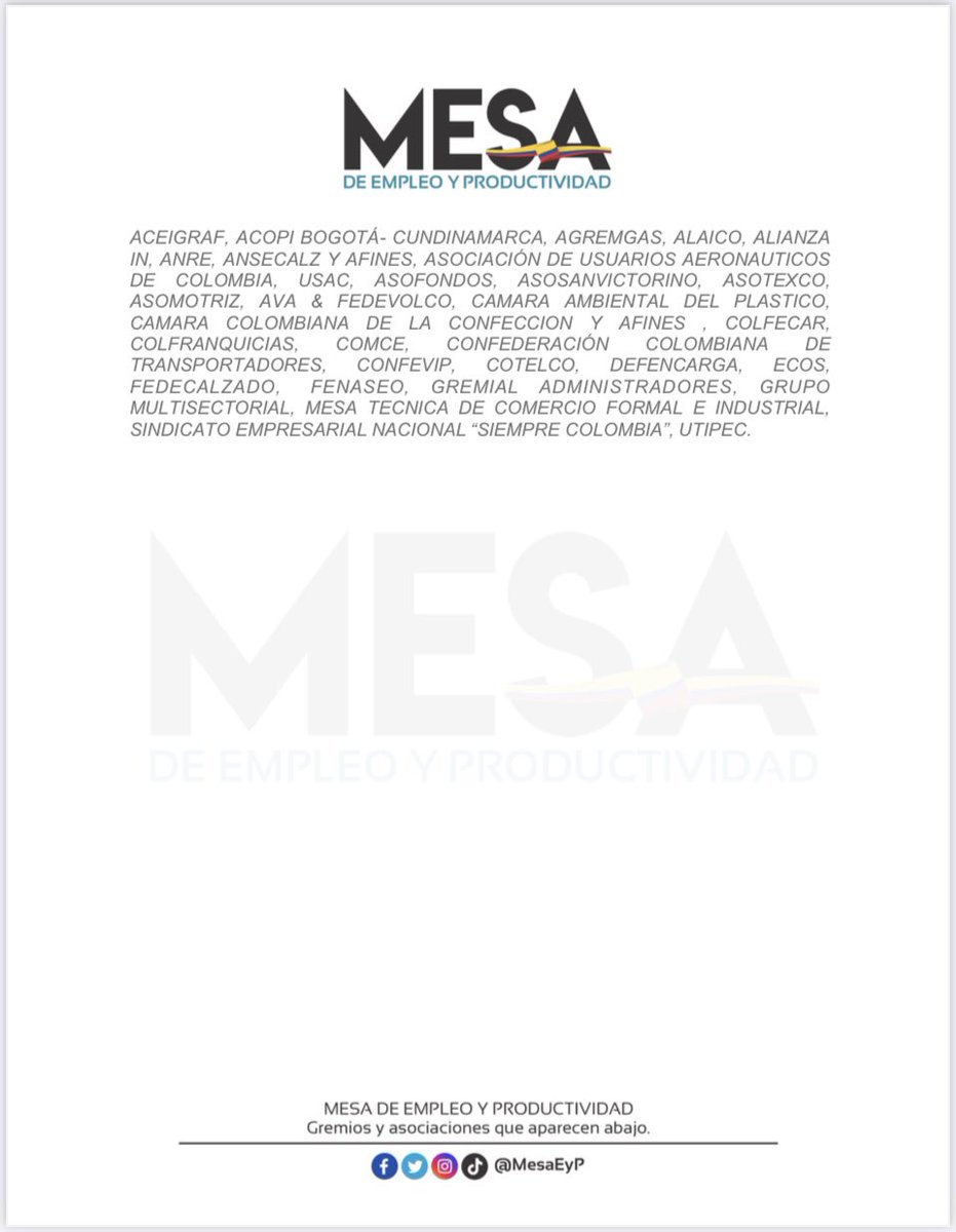 <a href="/MesaEyP/">Mesa de Empleo y Productividad</a>, rechaza el pronunciamiento efectuado por el presidente de la república Sr. Gustavo Petro en la red X, en referencia al comunicado de la FEDERACION COLOMBIANA DE TRANSPORTADORES DE CARGA POR CARRETRA COLFECAR “Asamblea Nacional Constituyente, es Necesario?”,