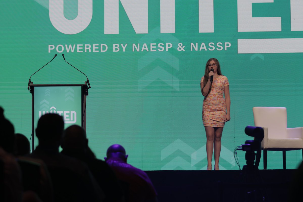 NAESP's tweet photo. Eighth grade student Macy Louallen—from @hadleymiddle, where incoming NAESP president @DrKDArmstrong serves as principal—introduces #principalUNITED closing keynote speaker @salkhanacademy. https://t.co/dUGDsUTd4s