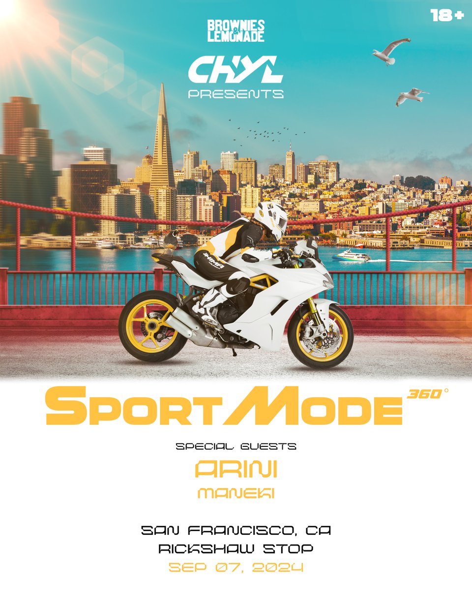 ANNOUNCING 🎉
CHYL 
SPORT MODE SF 
360° EDITION 
WITH ARINI &amp; MANEKI 
SEPT 7, 2024 
RICKSHAW STOP

PRESALE ON 7/18 AT 10AM PST 
ON SALE FRI 7/19 AT 10AM PST 
TEXT “CHYL” TO 323.332.1651 FOR PRESALE CODE  
TIX: wl.seetickets.us/event/chyl/612…