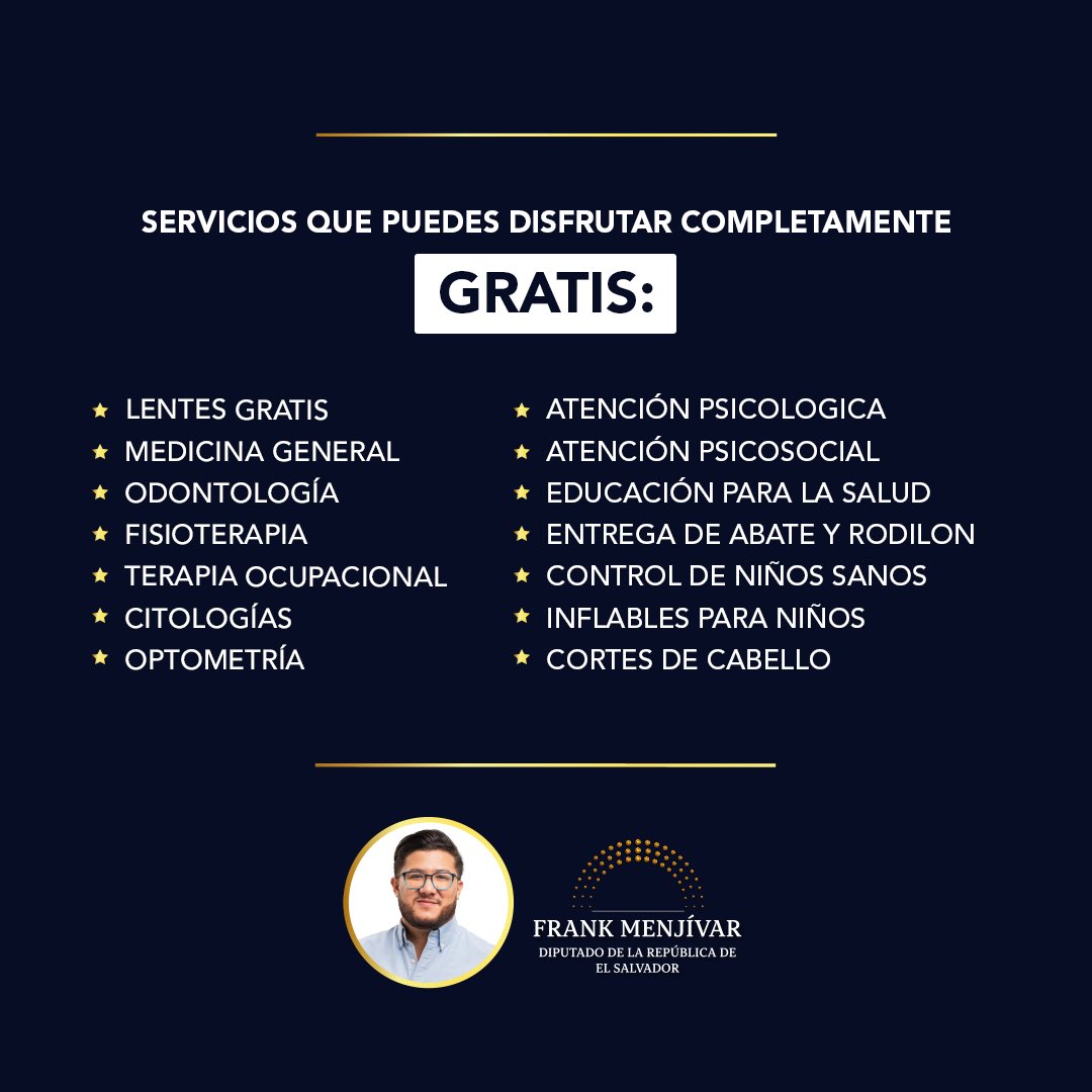 FrankMenjivarES's tweet photo. ¡Festival Comunitario! 

Todos estos servicios a disposición de nuestra población en el distrito de #SanIsidro Cabañas Este. 

Por cierto, llevamos lentes 👓 totalmente gratis.

No faltes. https://t.co/XjhtkM4SZn