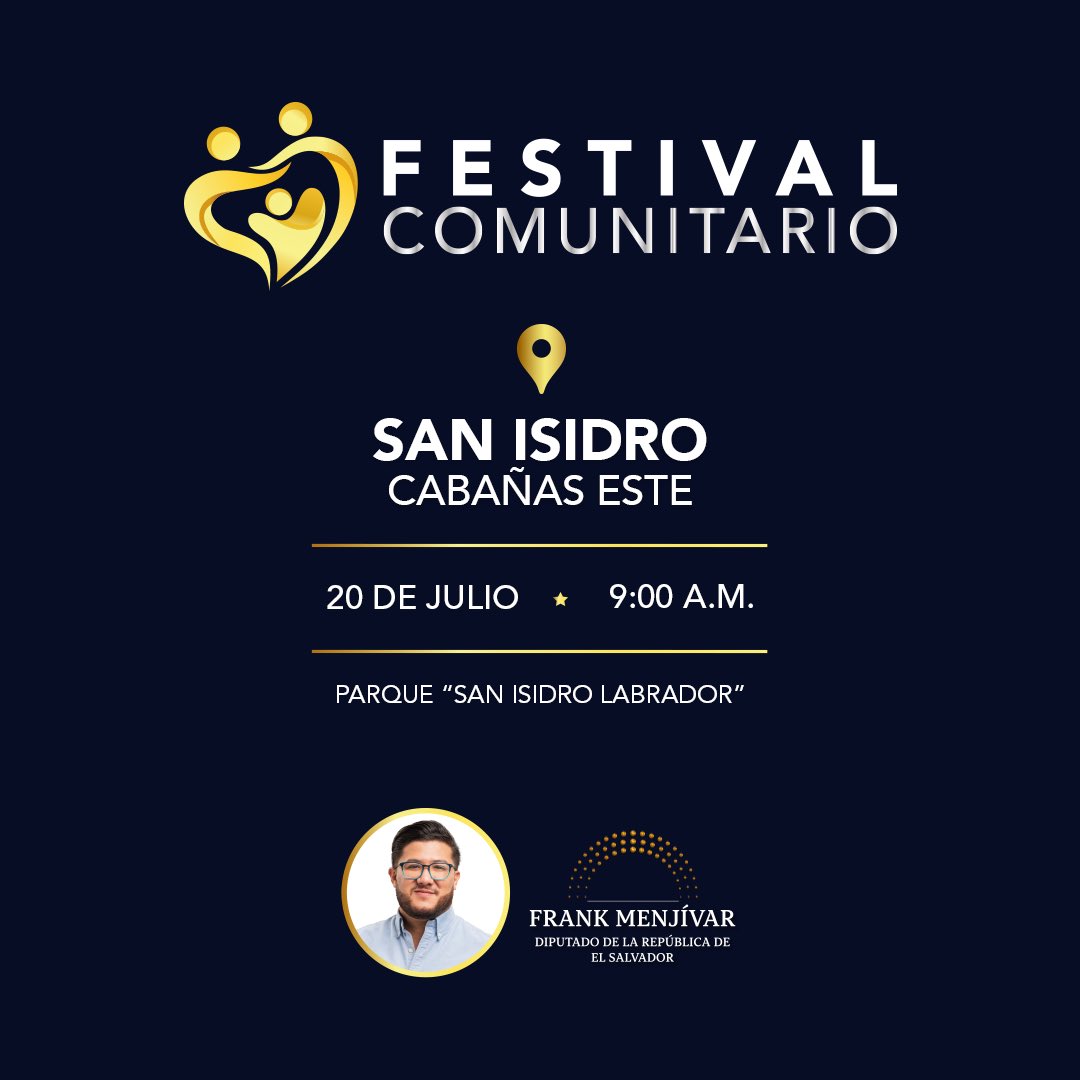 FrankMenjivarES's tweet photo. ¡Festival Comunitario! 

Todos estos servicios a disposición de nuestra población en el distrito de #SanIsidro Cabañas Este. 

Por cierto, llevamos lentes 👓 totalmente gratis.

No faltes. https://t.co/XjhtkM4SZn