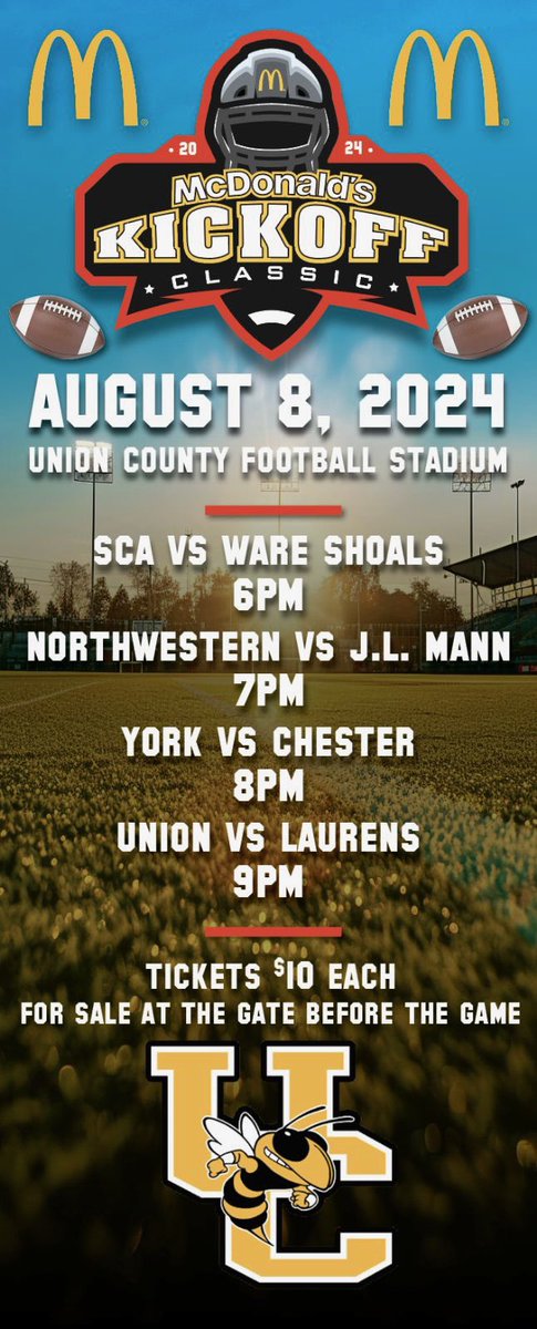 Please ask any Ware Shoals Football player, coach, or Hornets Nest Football Booster Club member for tickets. We have a limited number of 100 for sale ($10 ea).All tickets we sale go to the Ware Shoals Football Program. Tickets bought at the gate go to the McDonald’s Classic.
