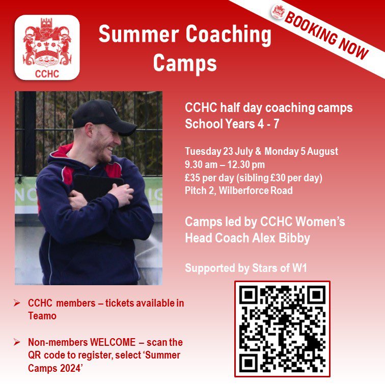 🏑CCHC Summer Camps 2024 
Led by CCHC Women's Head Coach Alex Bibby

**Places Still Available**
A fantastic opportunity for some extra hockey over the summer. 

School Years 4 - 7
23 July &amp; 5 August
9.30 am - 12.30 pm
Wilberforce Road

Non members welcome ❤️🤍❤️