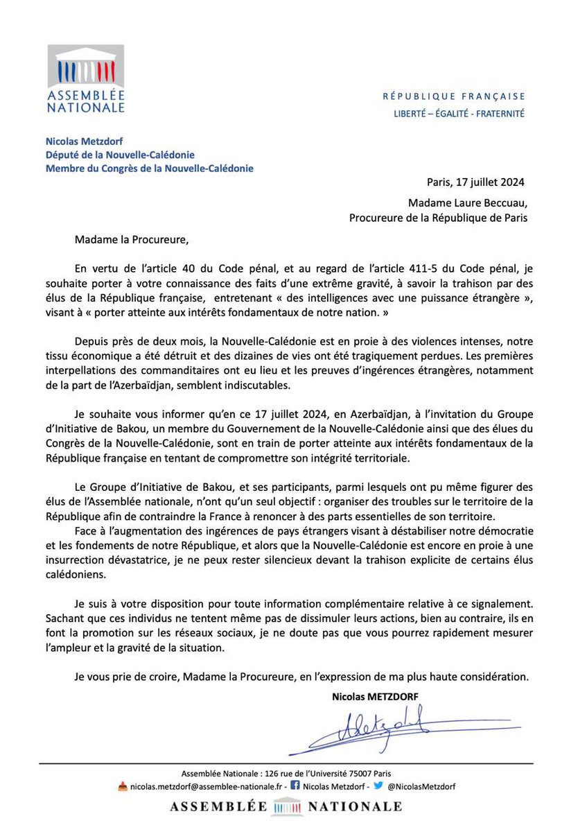 NicolasMetzdorf's tweet image. J’ai saisi la procureur de la république de Paris en vertu de l’article 40 du code pénal après le déplacement d’élus de Nouvelle-Calédonie à Bakou
