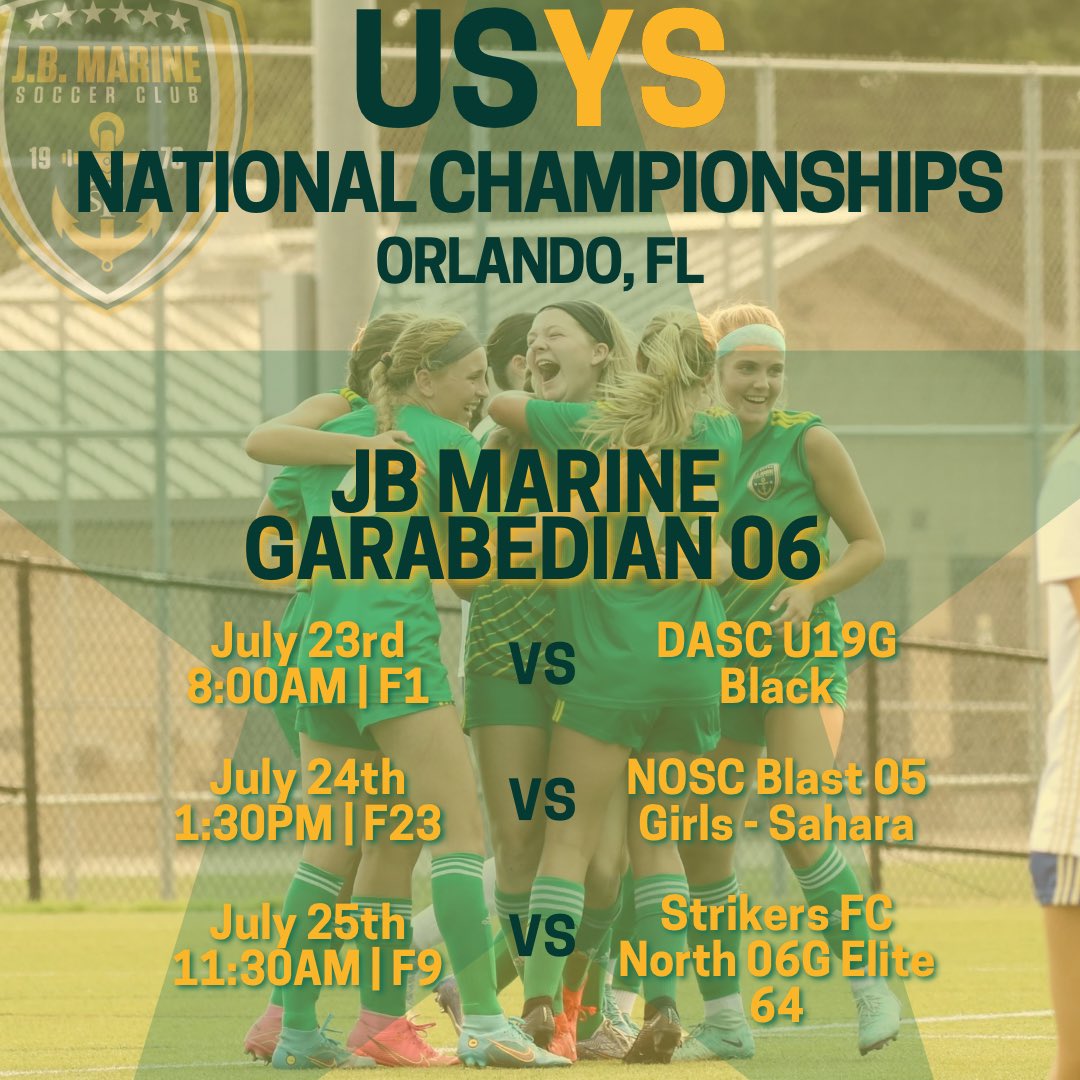 The stage has been set for <a href="/usyscups/">US Youth Soccer Cups</a> National Championships. 6 days until Game 1 at Omni Orlando Resort Champions Gate. Games 2 and 3 will be at <a href="/ESPNWWOS/">ESPN Wide World of Sports</a>. Cant wait to play against some of the best teams in the US. <a href="/JBMarineSC/">J.B. Marine SC</a> <a href="/MOyouthSoccer/">Missouri Youth ⚽️</a>