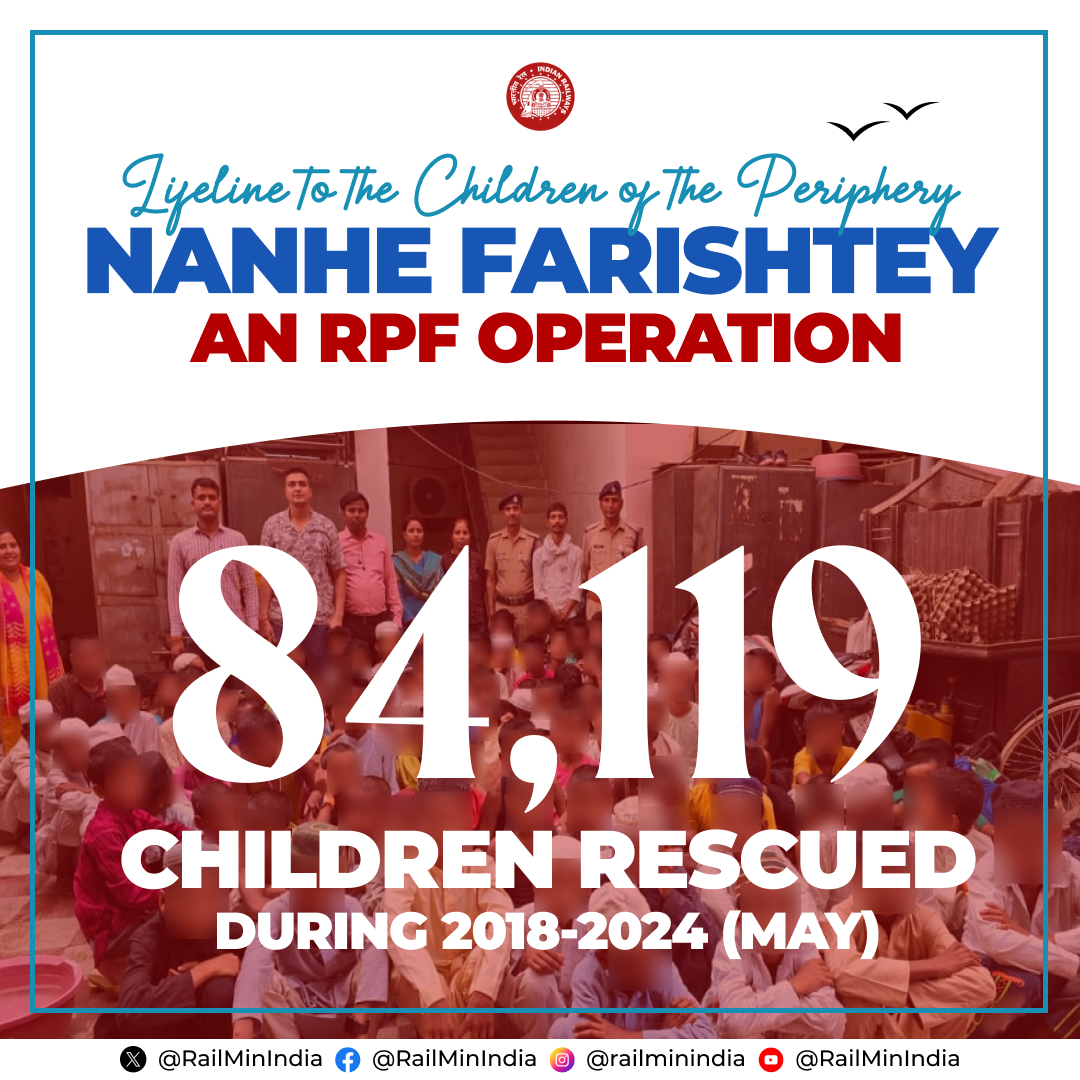 RailMinIndia's tweet photo. ‘Nanhe Farishtey’ - RPF’s rescue operation illustrates a story of the unwavering dedication of the force safeguarding vulnerable children prey to risks &amp; harm. 84,119 children were saved by RPF in the past 7 years.

Read: https://t.co/Sv2aM0wPZ9 https://t.co/Zf8ZW3oRNk