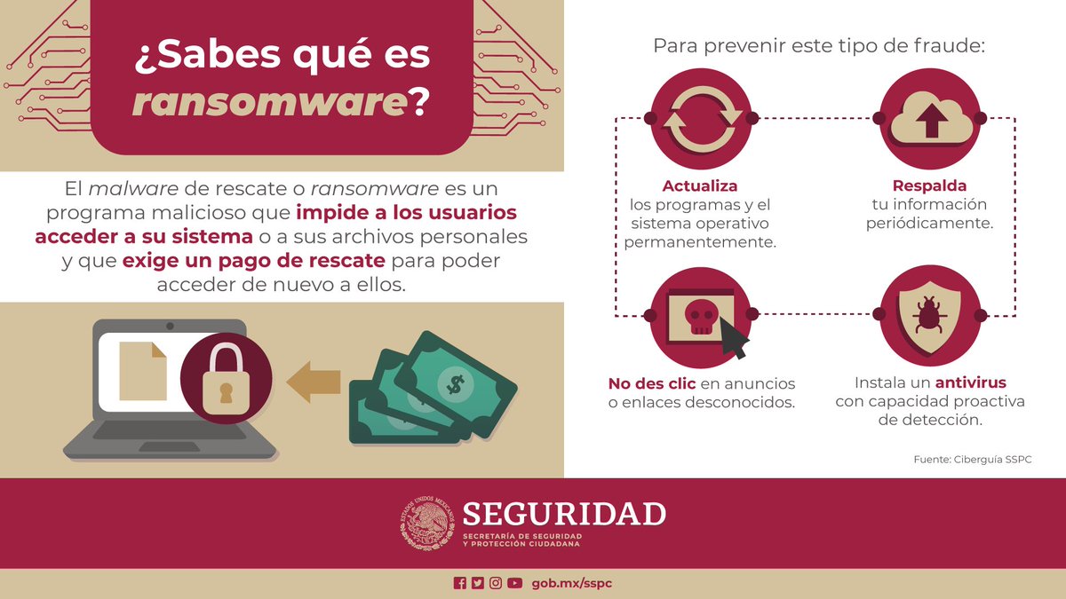 El ransomware es un #ciberdelito que podemos prevenir con estos consejos ⬇️