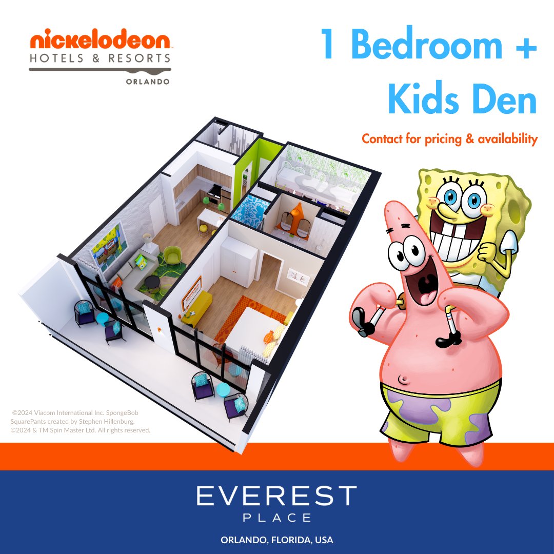 Everest_Place's tweet photo. Find F.U.N. in your 1 Bedroom + Kids Den condo at Nickelodeon Hotels &amp; Resorts Orlando at Everest Place. This is one of our more popular models. People really love the idea of a Kids Den and that extra space. Contact us about how to own your own Nickelodeon condo today! https://t.co/CzhSo6r6Ki