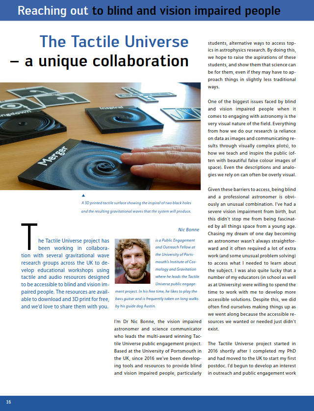 LIGOMagazine's tweet photo. Tactile Universe (@TactileUniverse) is a fantastic project creating resources to engage the blind &amp; visually impaired community with astrophysics research, including #GravitationalWaves!

Last issue, Nic Bonne (@UoPCosmology) told us all about it! 
(pdf) https://t.co/5C9sTObyTq https://t.co/wzrMH6OmKY