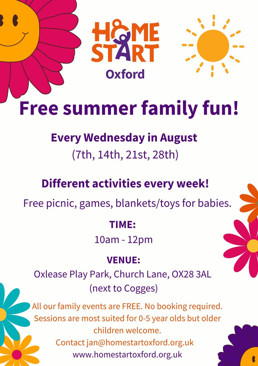 HomeStart_Ox's tweet photo. This is our last week of groups before the summer break. But don't worry, look what FREE summer activities we have planned! Although best for children aged 0-5, older siblings are welcome. 😎
#SummerFun #FreeSummerFun #FreeActivities #HereForFamilies #YouMove https://t.co/dzsIfkNfzN