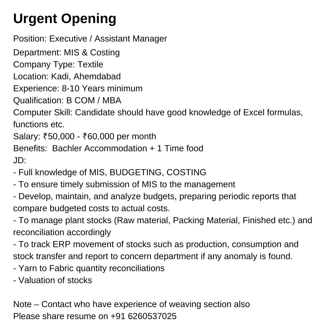 texappjobs's tweet image. kindly note, Don&apos;t pay any money to HR if not mentioned in job details

#TextileTechnology
#TextileProduction
#TextileInternship
#TextileJobOpening