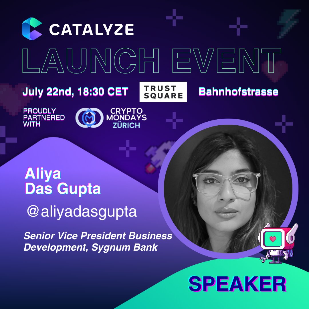Catalyze Official (@catalyze_one) on Twitter photo We are excited to announce that Aliya Das Gupta will be speaking at our launch event on July 22nd!
<a href="/AliyaDG/">Aliya Das Gupta</a> is a Web3 leader, actively contributing to the ecosystem growth through her various roles:
✅Senior Vice President Business Development at Sygnum Bank
✅Founding Board We are excited to announce that Aliya Das Gupta will be speaking at our launch event on July 22nd!
<a href="/AliyaDG/">Aliya Das Gupta</a> is a Web3 leader, actively contributing to the ecosystem growth through her various roles:
✅Senior Vice President Business Development at Sygnum Bank
✅Founding Board