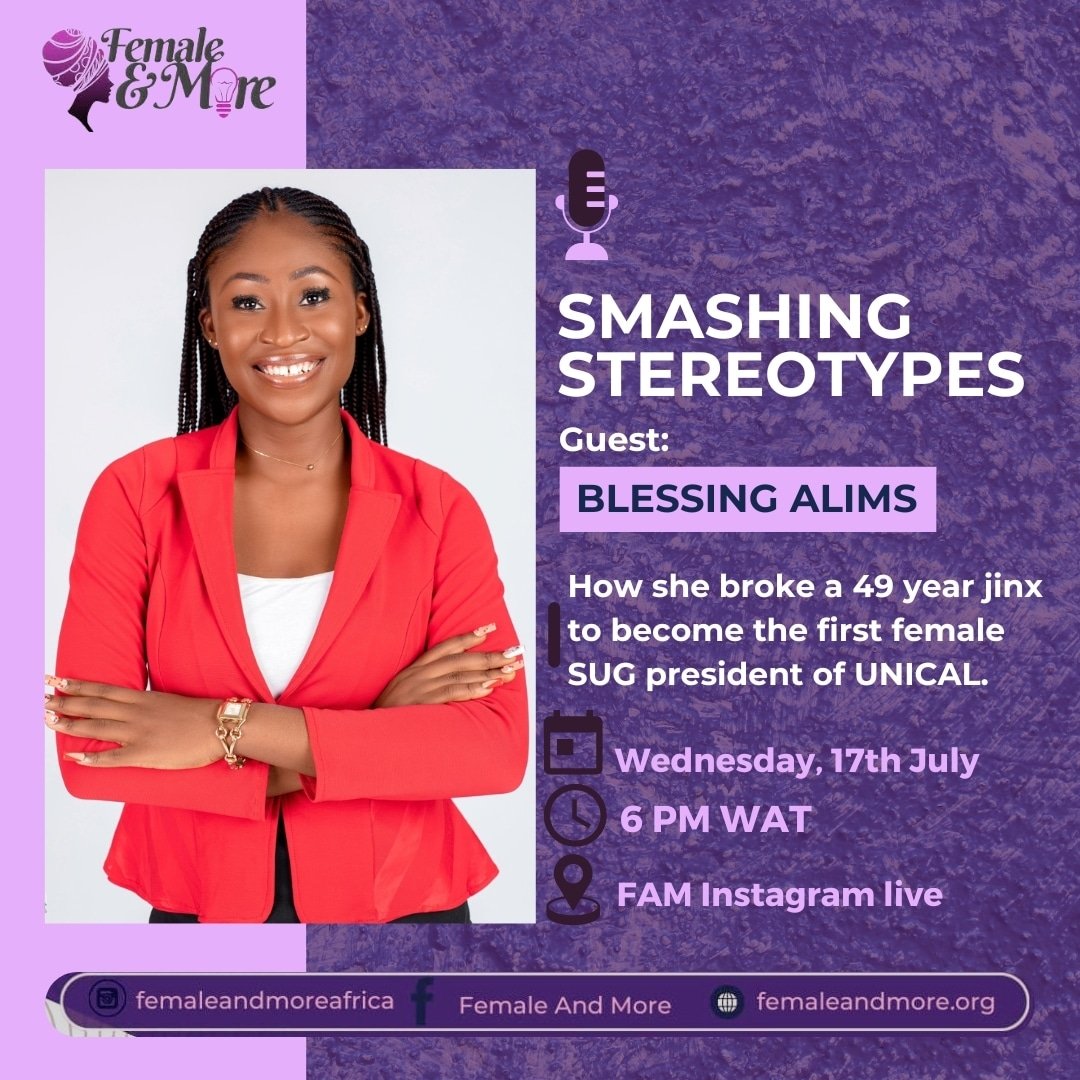femaleandmore's tweet photo. Reminder❗❗❗
Join us today on Instagram Live by 6:00PM  WAT as we chat and celebrate with Blessing Alims, the first female Students Union Government (SUG) President of the University of Calabar (UNICAL) about "Smashing Stereotypes"!  https://t.co/Yn5zasfACc    #GirlPower https://t.co/czqUe7AkYq