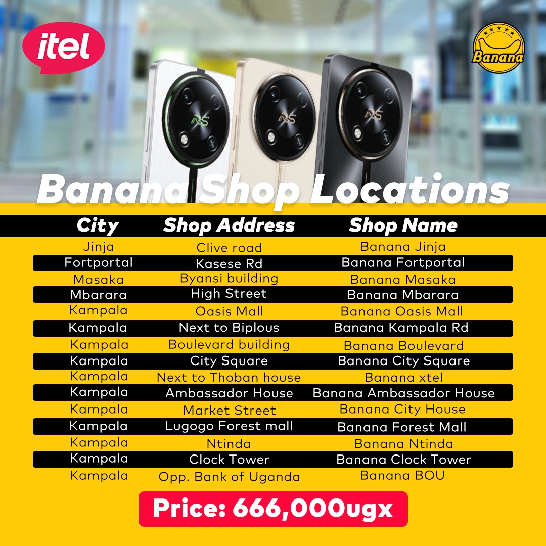iteluganda's tweet photo. Discover the itel RS4 at Banana Shops! 🛒✨ Check out these amazing locations for the best smart phone deals! 📱
#itelRS4
#G99Power
#BananaShops
#UltimateGamingExperience https://t.co/JLanYQ4mRh