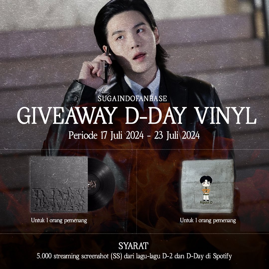 SUGAIndoFanbase's tweet photo. 𝐒𝐓𝐑𝐄𝐀𝐌𝐈𝐍𝐆 𝐂𝐇𝐀𝐋𝐋𝐄𝐍𝐆𝐄 𝐱 𝐆𝐈𝐕𝐄𝐀𝐖𝐀𝐘

🎯 5.000 screenshot streaming album D-2 dan D-DAY di Spotify
📆 17-23 Juli 2024
🎁 D-DAY Vinyl & fanmade AgustD

Yuk ikut dan ajak mutual kalian! Bareng-bareng kita capai 1 billion streams untuk Yoongi! 🚀🔥

#AgustD #SUGA #BTSSUGA @BTS_twt