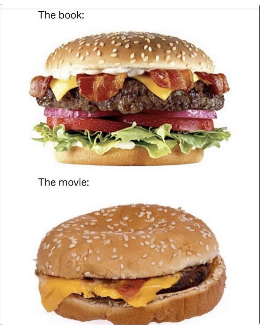 ECrowens's tweet photo. #readersareleaders #readerscommunity #readersoftwitter #hamburger #cheeseburger #FullyLoaded #movie #movieversion #filmversion #book #books #Booksarebetter https://t.co/BhRZi1p4go