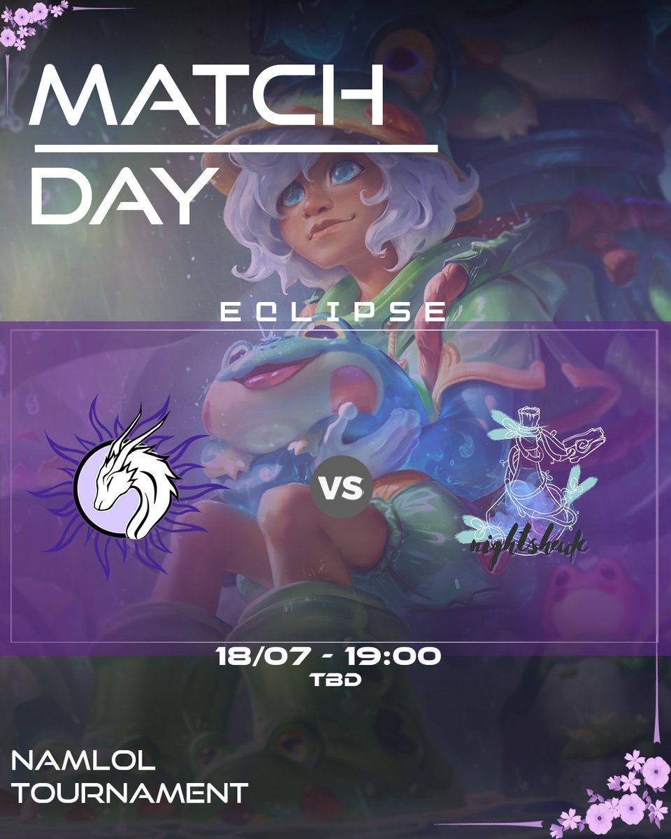 Eclipse (@eclipselolsafe) on Twitter photo Another day, Another challenge!
It's our round 2 of <a href="/OryxEsports_Nam/">Oryx Esports Namibia</a>/ NamLol Tournament!
ECLIPSE 🆚AURORA NIGHTSHADE
⚔️Bo3
🗓️18/07
⏰19:00
🐉TBD
Goodluck and Have fun!!!
#LeagueOfLegends | #Limitless Another day, Another challenge!
It's our round 2 of <a href="/OryxEsports_Nam/">Oryx Esports Namibia</a>/ NamLol Tournament!
ECLIPSE 🆚AURORA NIGHTSHADE
⚔️Bo3
🗓️18/07
⏰19:00
🐉TBD
Goodluck and Have fun!!!
#LeagueOfLegends | #Limitless