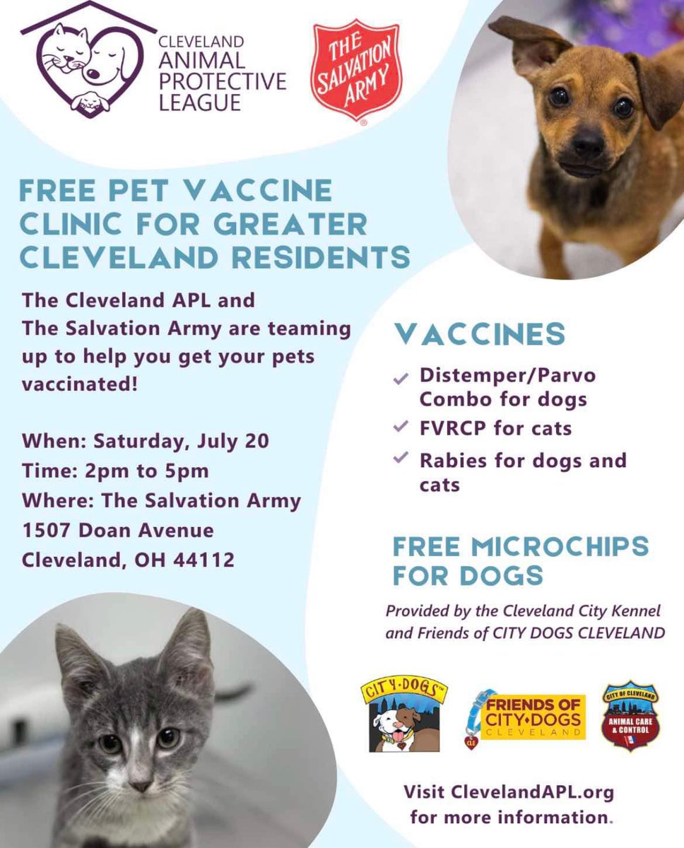Please help spread the word for this vaccine &amp; microchip clinic taking place on Saturday! See below for details. This is a great partnership with the <a href="/ClevelandAPL/">Cleveland APL</a> to help keep our community's pets healthy and safe! 🐶🐱❤️

#cleveland #freepetcare #community #helpeachother