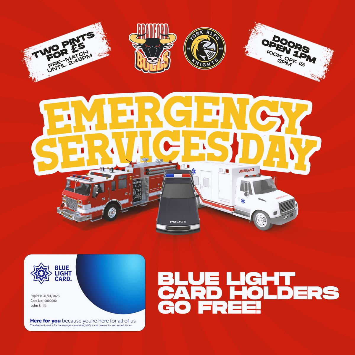 OfficialBullsRL's tweet image. 🤝 | In recognition of the fantastic work done by our Emergency Services, 'Blue Light Card' holders can come for FREE this Sunday!

🎟️ | Show your valid Blue Light Card at the turnstiles to gain entry! Gates open at 1pm, with a packed Bartercard Odsal Concourse!