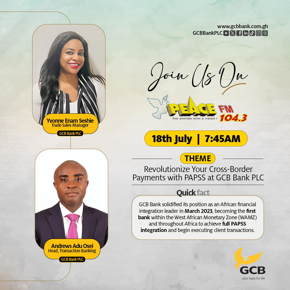 GCBBankPLC's tweet photo. Tune in to learn how GCB Bank leads the way in African financial integration through the Pan-African Payment and Settlement System (PAPSS).
#PAPSS #CrossBorderPayments #FinancialIntegration #Innovation #PeaceFM #JoinUsLive https://t.co/8pYbyIoD8G
