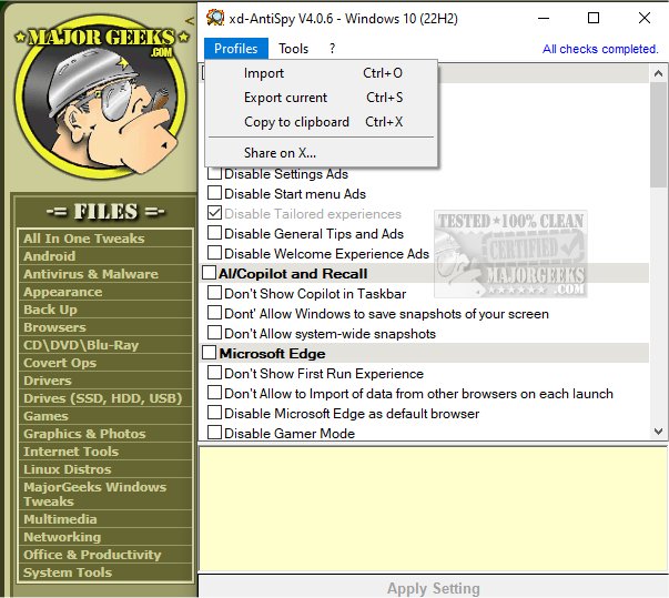 majorgeeks's tweet photo. Another little update on a new listing: xd-AntiSpy, the relaunch of the popular #debloating tool xp-Antispy by the developer of Winpilot.
https://t.co/7bqkNydadM #opensource https://t.co/YjNEsHhyzo