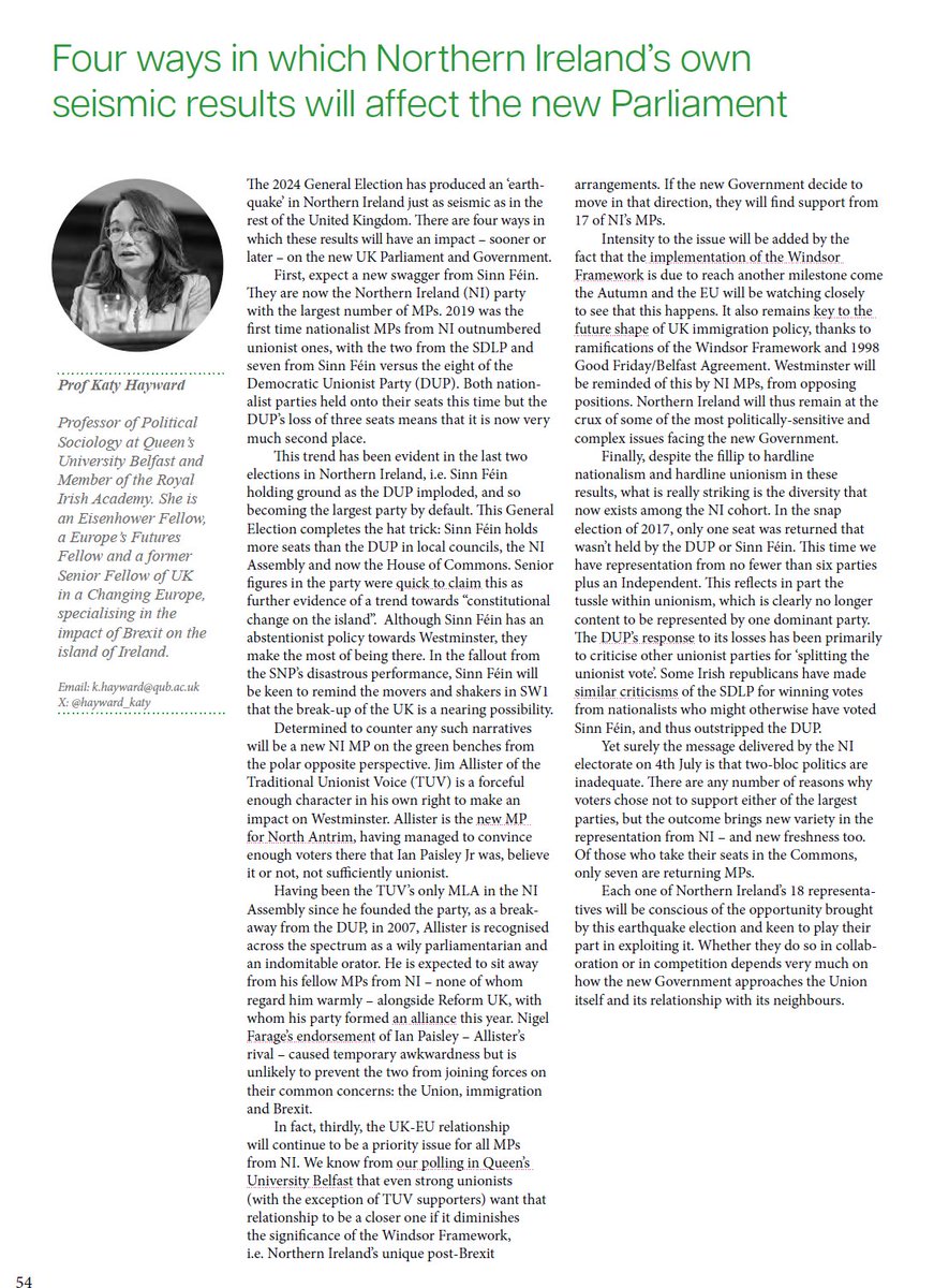 hayward_katy's tweet photo. How might NI's #GE2024 results affect Westminster? 
I've had a go at summarising it in the epic #ElectionAnalysis2024 report. 
Congratulations to the editors - 101 articles in 10 days! 🌪️https://t.co/FnbzIU1VHX https://t.co/zRHTUJKSPy