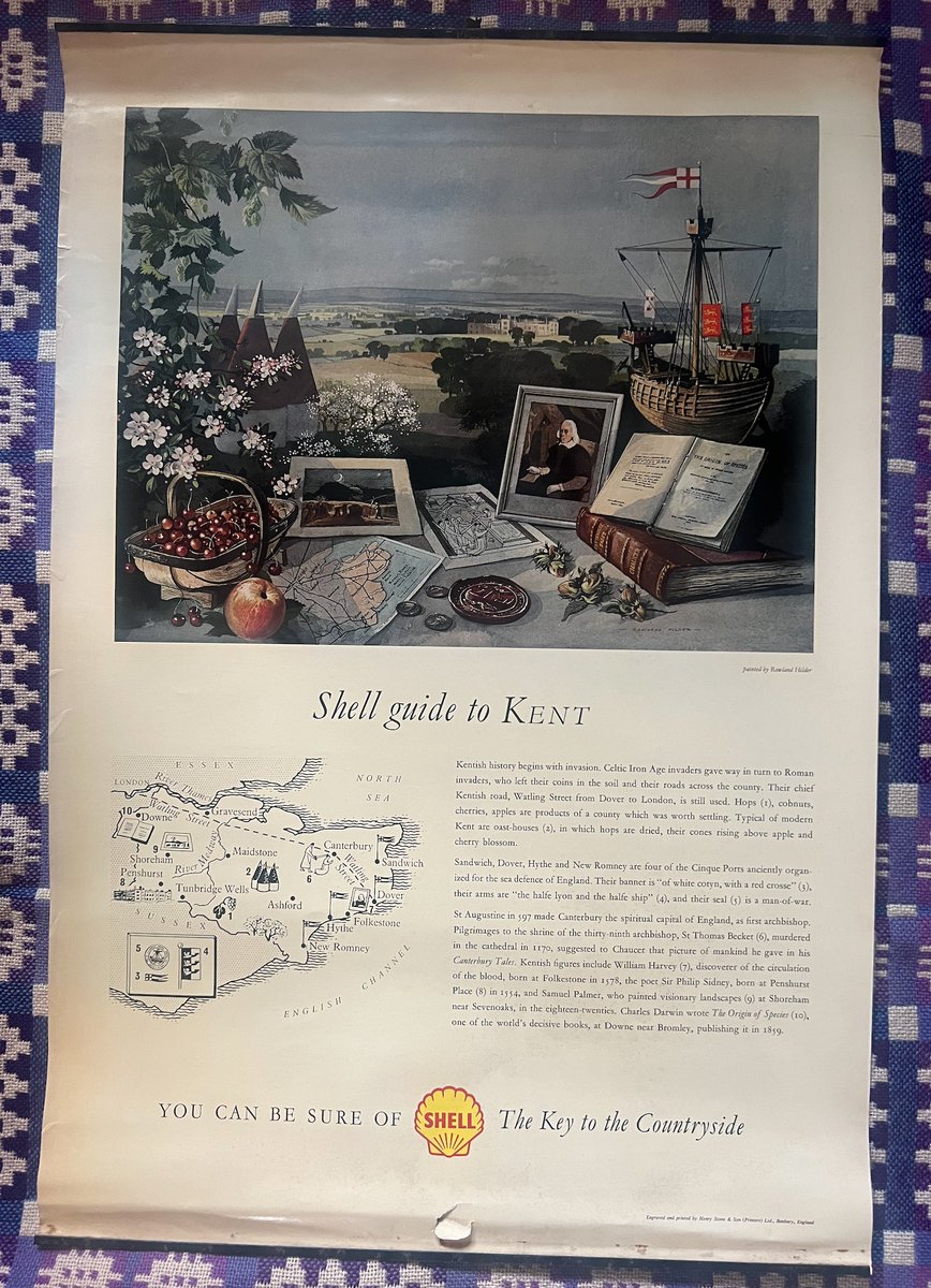 AnneLouiseAvery's tweet photo. For sale! The Shell Guide to Kent, a 1950s original poster by Rowland Hilder depicting the characteristics of the county in still-life and landscape. There are red cherries and hops and cobnuts, oast-houses and the great Cinque ports, the Murder in the Cathedral and Samuel Palmer's vast moon rising over the wheat fields. Price: £35. Dm to buy or purchase directly from my Etsy shop here: https://t.co/E0OiLz0xMQ