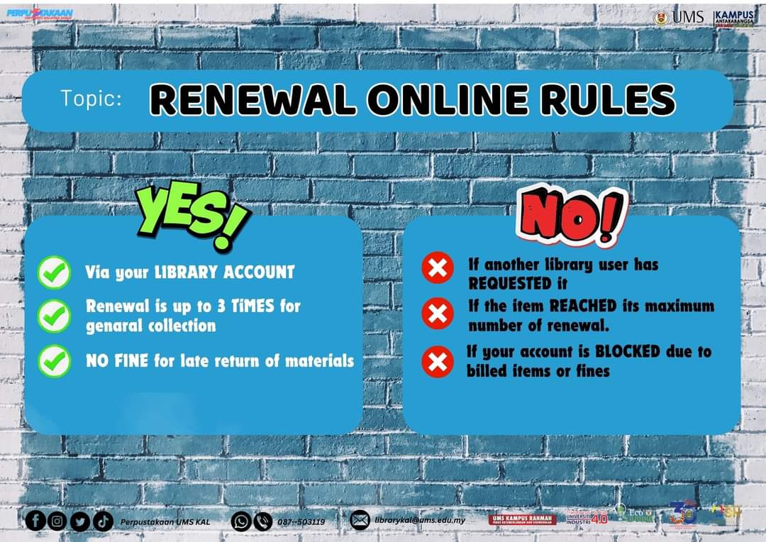 Libkal_UMS's tweet image. RENEWAL BOOK ONLINE RULES

Hi, Our User. 

Renew your Book via webvirtua.ums.edu. before outstanding dues or unreturned items will not be allowed further loan privileges until payment/ return is made.

#RenewalOnline
#LibraryUMSKAL
