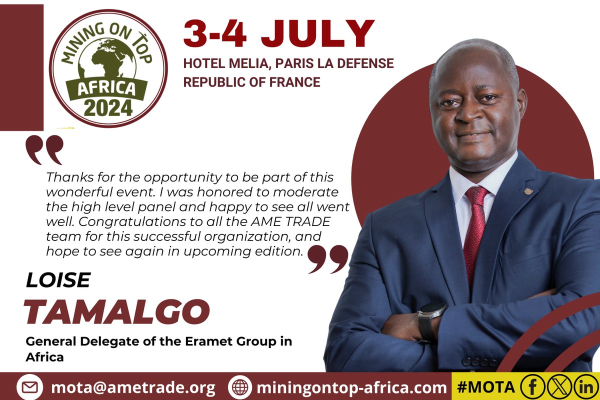 Great feedback from Loise Tamalgo, General Delegate of the Eramet Group in Africa, at #MiningOnTopAfrica 2024 in Paris! 🌍 Kudos to all for a successful event!

#IndustryLeadership #EventHighlights