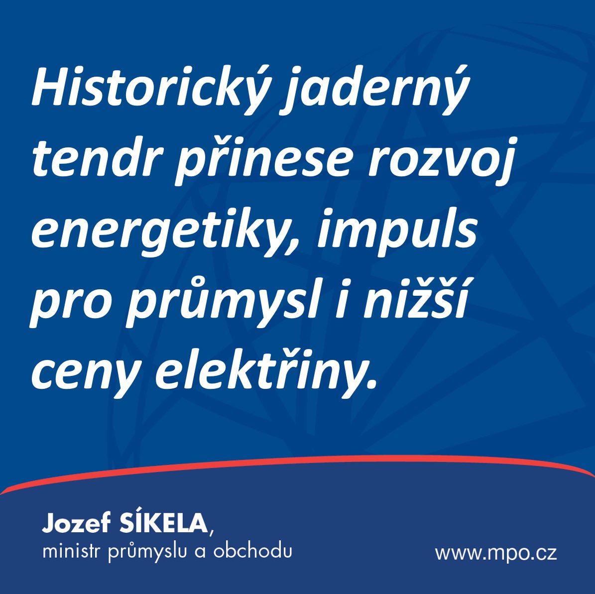 JozefSikela's tweet photo. Dovolím si říct, že dnešek je historickým dnem jak pro 🇨🇿 energetiku, tak pro naši ekonomiku. S vládními kolegy jsme rozhodli, že preferovaným dodavatelem dvou nových jaderných bloků v Dukovanech bude korejská firma KHNP.

Tento projekt představuje obrovskou příležitost pro Českou republiku a je za ním už teď mnoho pečlivé práce stovek lidí. Zvolili jsme řešení, které bude cenově nejvýhodnější a zajistí nám co nejspolehlivější záruky, že realizace projektu proběhne skutečně efektivně.

Projekt posílí naši energetickou bezpečnost, ale pomůže také s rozvojem českého průmyslu. Od počátku průběhu tendru proto uchazečům zdůrazňujeme, že je potřeba zajistit co nejširší zapojení českého průmyslu.

Rád bych také poděkoval všem účastníkům tendru. Prokázali své rozsáhlé zkušenosti a my se všemi budeme i nadále spolupracovat.