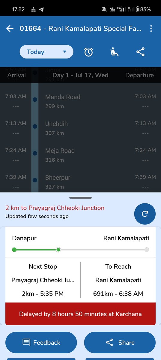 randhir0405's tweet photo. @RailwaySeva @RailMinIndia @AshwiniVaishnaw महोदय ट्रेन no 01664 जो 6 घंटे देर से खुलने के बाद ट्रेन लगातार लेट होते जा रही और अभी 9 घंटे की देरी से चल रही है।कृपया स्पेशल ट्रेन को भी टाइमली चलाने की कृपा करे। @drmjabalpur https://t.co/ZC9bp6ahbB