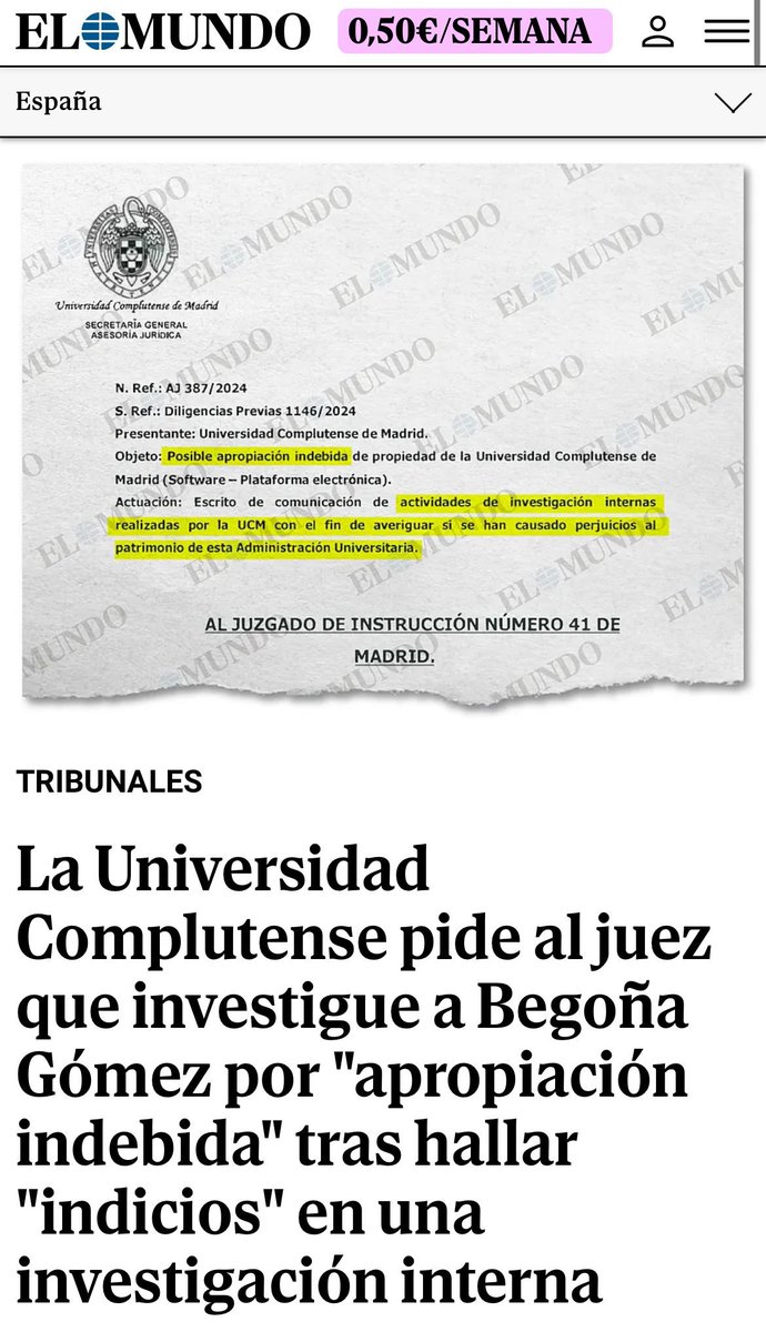 AliciaGarcia_Av's tweet photo. A la “presidenta del Gobierno” se le van a acumular las imputaciones: La Universidad Complutense pide al juez que investigue a Begoña Gómez por apropiarse de recursos públicos. 

Es imposible que pueda regenerar quien no para de degenerar. https://t.co/EdouZC5rra