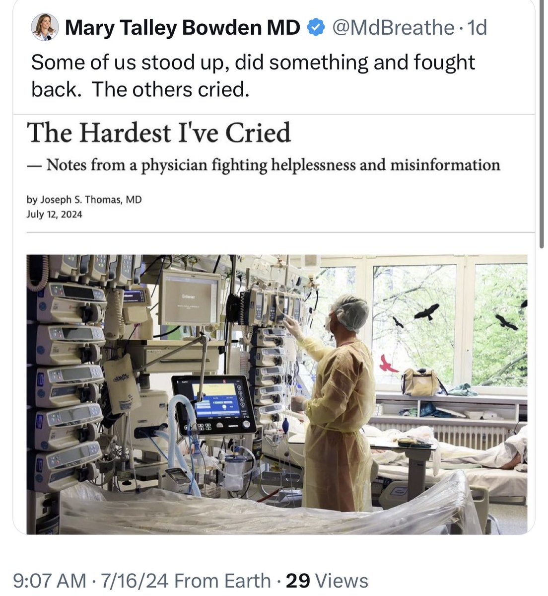 Mary Talley Bowden, who blocked me long ago for calling out her BS, is a charlatan who grifted people w/ disproven COVID treatments and sicced followers on a hospital who refused to let her endanger patients. She “fought back” against evidence-based medicine and ethical care.1/2