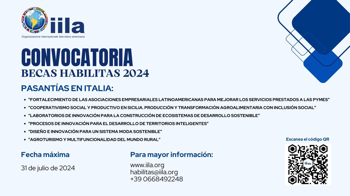 iila_org's tweet photo. 📢 Se acerca el plazo para aplicar para las pasantías en Italia de Habilitas 2024, que ofrece una contribución para la realización de 50 pasantías breves en 🇮🇹 a empresarios, asociaciones y profesionales #LATAM!
⚠️Hay tiempo hasta el 31 de julio!
🔎https://t.co/21BDR1zQQ4 https://t.co/j5gwUOWLDf
